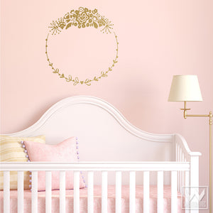 Gold and Pink Girls Room and Nursery Decor - Flower Frame Vinyl Wall Decals