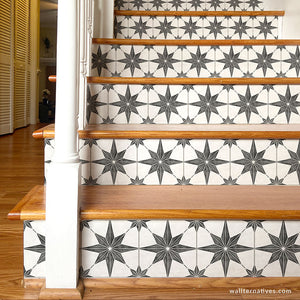 Black and White Star Tiles Design Removable Wallpaper Stair Riser Decals - Wallternatives wallternatives.com