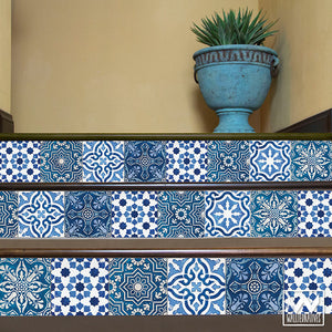 Navy and Indigo Blue Old World Spanish Tiles Design - DIY Stair Riser Decals for Decorating - Wallternatives