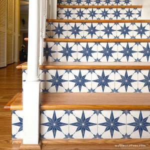 Blue Tile Stairs Design Modern Farmhouse Decor DIY Stair Riser Decals - Wallternatives wallternatives.com