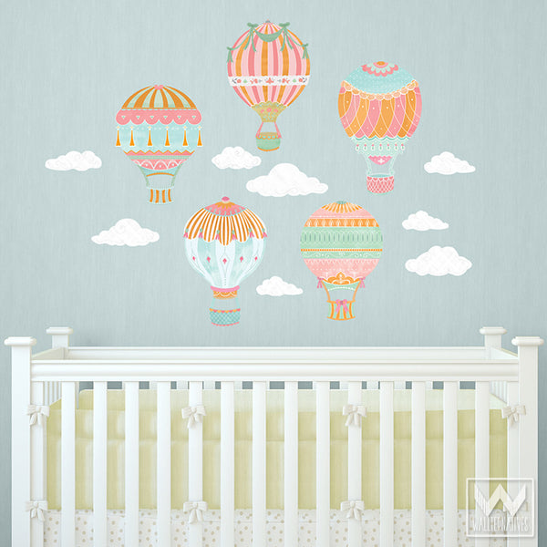 Hot Air Balloons & Cloud Wall Decals, Nursery Fabric Decals, Balloon W