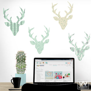 Blue Patterned Deer Heads and Deer Antlers - Modern and Rustic Removable Wall Decals
