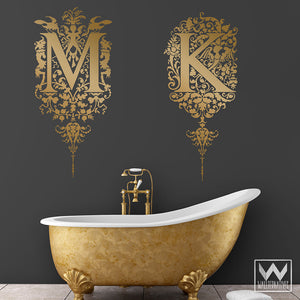 Elegant Monogram Letter Vinyl Wall Decals with Flowers and Fairies