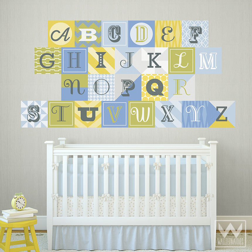 Wood Block Alphabet Letters Tiles Wall Print Fabric Wall Decal Sticker