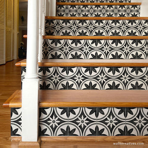 Blacka and white stairs black and white tiles Moroccan wallapper stair riser decals - Wallternatives wallternatives.com