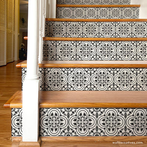 Black and White Spanish Tiles Stairs Stickers Stair Riser Decals - Wallternatives wallternatives.com