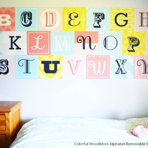 Wood Block Alphabet Letters Tiles Wall Print Fabric Wall Decal Sticker –  Wallternatives