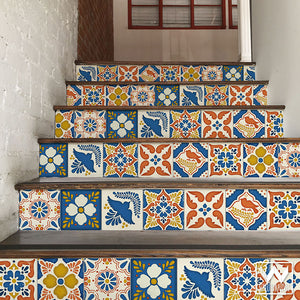 Colorful Mexican Talavera Tiles Design - DIY Stair Riser Decals for Decorating - Wallternatives