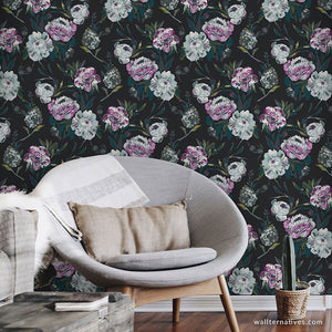 Black and Purple Flowers Painterly Floral Removable Wallpaper Mural Pattern for Boho Glam Interiors - Wallternatives
