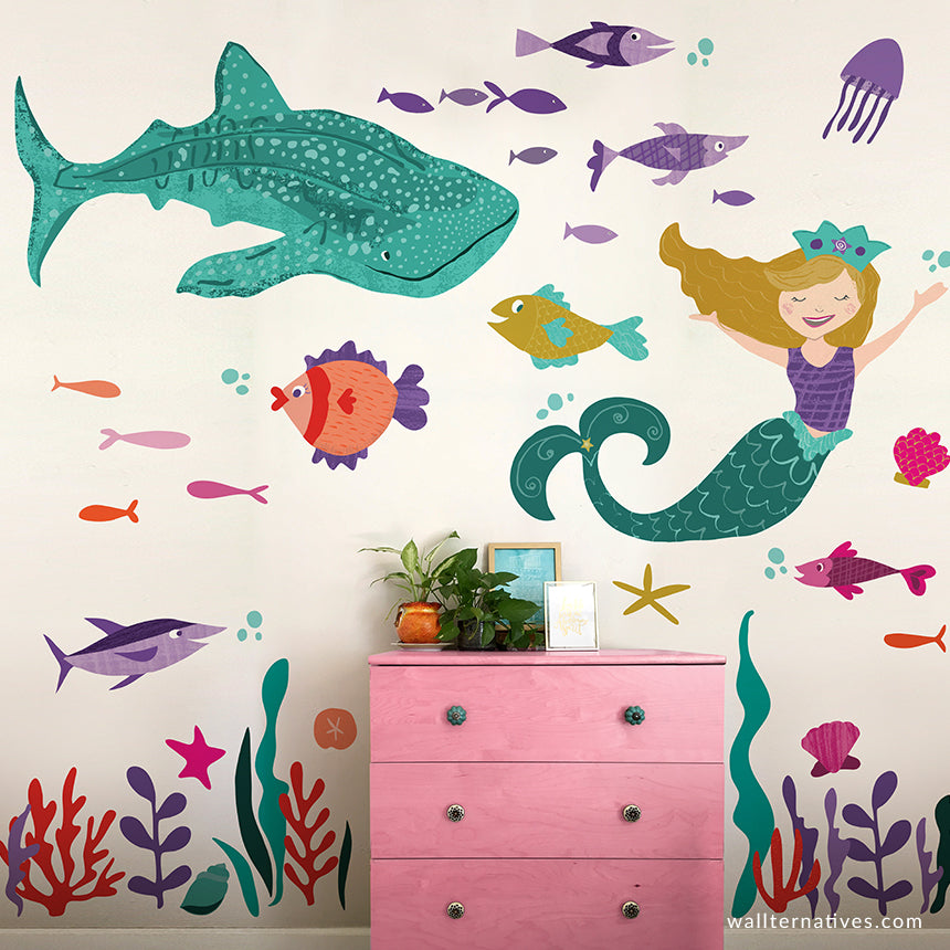 Mermaid Under the Sea Ocean Mural Removable Wall Decals Kids Nursery