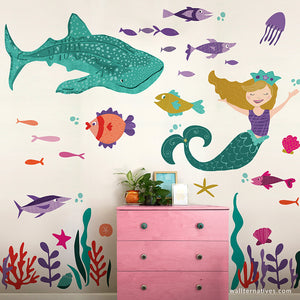 Mermaid & Whale Shark Under the Sea Removable Wall Decal Set