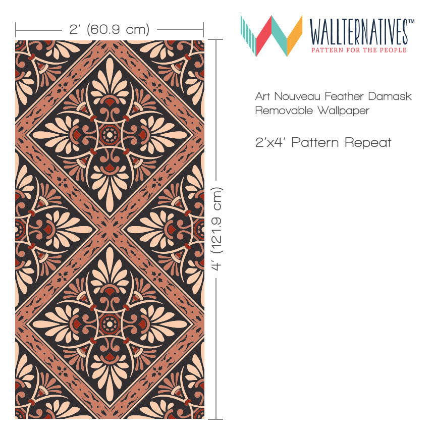 Art Nouveau Feather Damask Removable Wallpaper Peel and Stick Decor